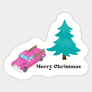 Merry Christmas Pink Truck and Teal Tree Sticker